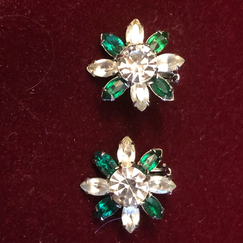 Green and White Clip on Earrings